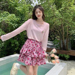 Long-sleeve Slit T-shirt / Floral Mini A-line Skirt