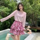 Long-sleeve Slit T-shirt / Floral Mini A-line Skirt