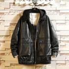 Printed Hooded Faux Leather Zip-up Jacket