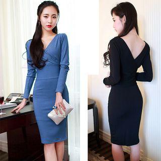 Ribbed V-neck Long-sleeve Bodycon Dress