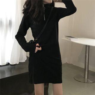 Long-sleeve Half-zip Mock-neck Mini Sheath Dress Black - One Size