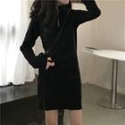 Long-sleeve Half-zip Mock-neck Mini Sheath Dress Black - One Size