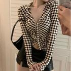 Long-sleeve Check Crop Top / Faux Leather Mini Pencil Skirt