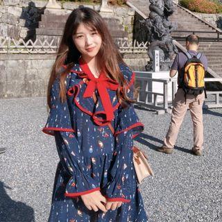 Long-sleeve Frill-trim Mini Dress Navy Blue - One Size