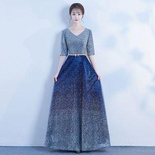 Elbow-sleeve Rhinestone A-line Evening Gown