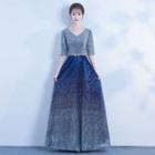 Elbow-sleeve Rhinestone A-line Evening Gown