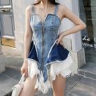 Fray Hem Sleeveless Mini A-line Denim Dress