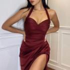 Halter-neck Sleeveless V-neck Satin Slit Maxi Dress