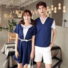 Couple Matching Color Panel Short Sleeve T-shirt / Short Sleeve Collared Dress
