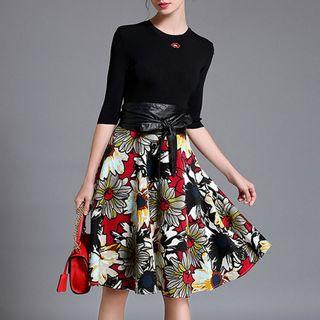 Set: Long-sleeve Knit Top + Printed Skirt