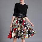 Set: Long-sleeve Knit Top + Printed Skirt