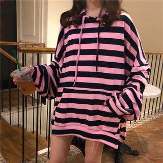 Striped Short-sleeve Hooded Sweatshirt