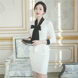 Tie-neck Contrast-trim Peplum Dress