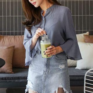 3/4-sleeve Loose-fit Chiffon Sheath Plain Blouse
