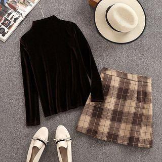 Set: Velvet Long-sleeve Top + Plaid A-line Skirt