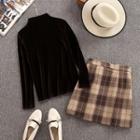 Set: Velvet Long-sleeve Top + Plaid A-line Skirt