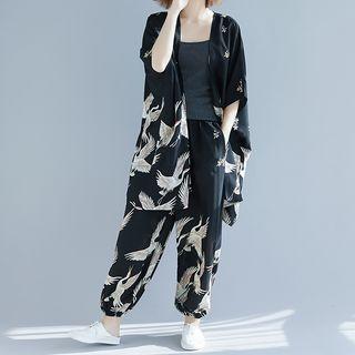 Set: Crane Print 3/4-sleeve Chiffon Long Jacket + Harem Pants As Shown In Figure - One Size