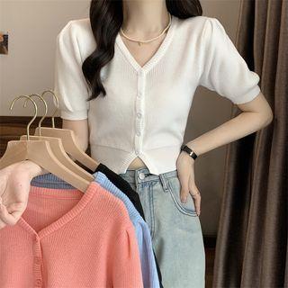 Short-sleeve V-neck Plain Knit Cropped Cardigan