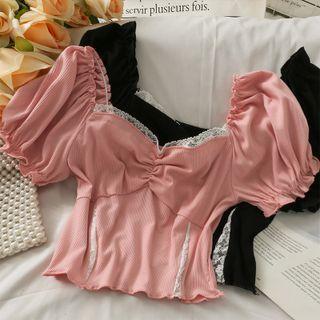 Boatneck Lace-trim Ruched Crop Top