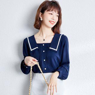 Navy Collar Chiffon Long-sleeve Shirt
