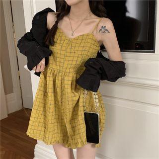 Spaghetti Strap Plaid Romper / Ruffled Jacket