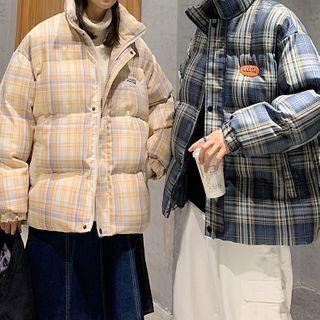 Long-sleeve Patch Plaid Padded Coat