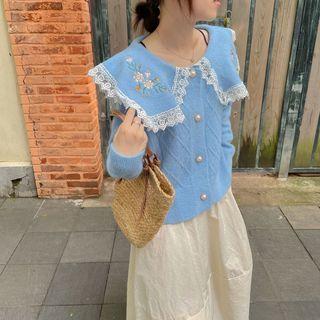 Floral Embroidered Collar Lace Trim Cardigan