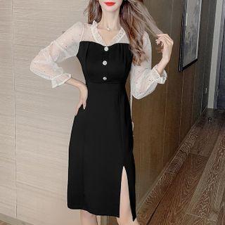 Long-sleeve V-neck Mesh Panel Dress