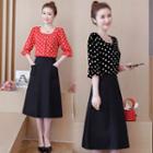 Set: Dotted Elbow-sleeve Blouse + A-line Skirt