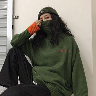 Lettering Two-tone Turtleneck Sweater Dark Green - One Size