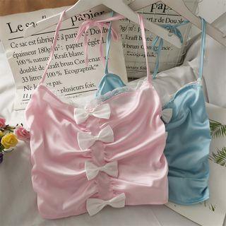 Ribbon-accent Lace-trim Ruched Halter Top