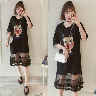Printed Mesh Hem Elbow Sleeve T-shirt Dress