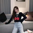Long-sleeve Cherry Knit Top Red Cherry - Black - One Size