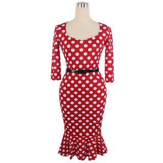 Dotted Elbow Sleeve Ruffle Hem Dress