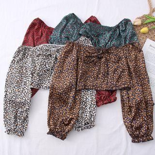 Boatneck Leopard-print Ribbon Crop Top