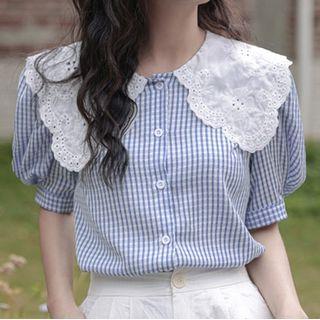 Short-sleeve Eyelet Lace Collar Check Blouse