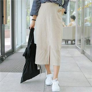 Slit-front Linen Blend Long Skirt