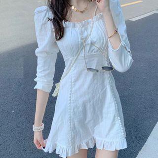 3/4-sleeve Square-neck Frill Trim Mini Sheath Dress