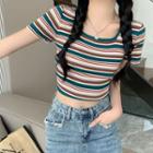 Short-sleeve Striped Cropped T-shirt Stripe - Green - One Size
