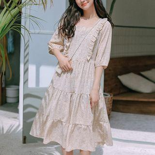 Ruffle Trim Elbow-sleeve A-line Midi Dress Floral - Almond - One Size