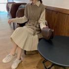 Irregular Hem Knit Vest / Long-sleeve Midi Collared Dress