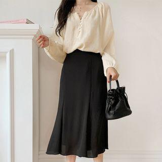Balloon-sleeve Blouse / Midi A-line Chiffon Skirt