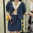 Puff-sleeve Collared Blouse / A-line Skirt