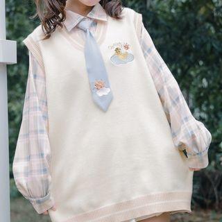 Duck Embroidered Knit Vest / Plaid Shirt