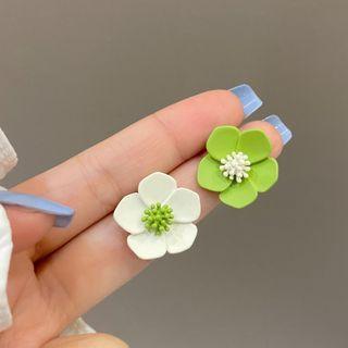 Flower Stud Earring 1 Pair - Stud Earring - S925 Silver Needle - Green & White - One Size