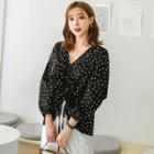 Drawstring-front Bishop-sleeve Polka-dot Top