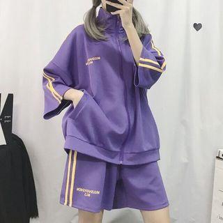 3/4-sleeve Striped Trim Letter Zip Jacket / Wide-leg Shorts