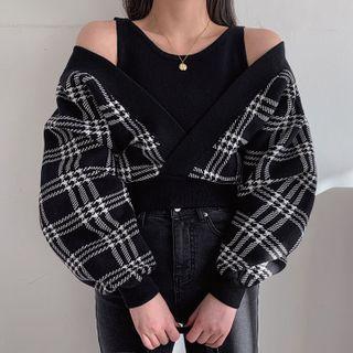 Inset Tank Top Cropped Plaid Sweater