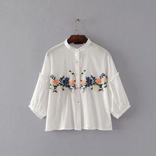 3/4-sleeve Floral Embroidered Open-front Top