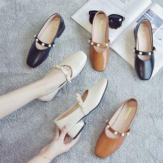 Faux Leather Pearl-strap Low-heel Pumps